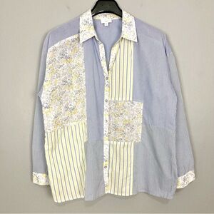 J. Jill Cottage Patchwork Shirt Women’s Size L Button Front Floral Eyelet Cotton